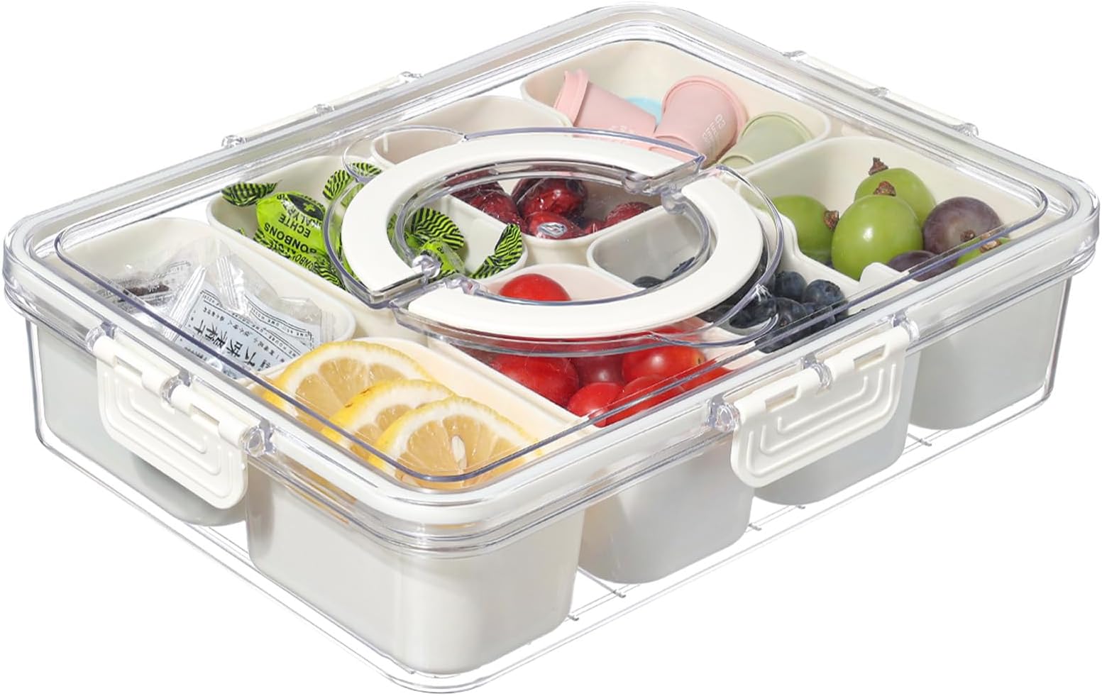 PENGKE Divided Serving Tray with Lid,Clear Plastic 8 Compartments Portable Snack Containers Snackle Box with Handle,Travel Snack Box Organizer for Snacks,Fruits,Candy,Nuts