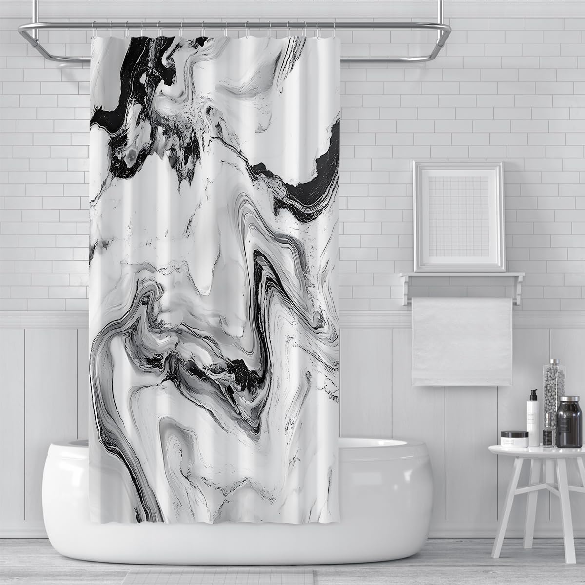 Cortina de Ducha mármol Negro Blanco Gris Tinta fluida 180x220cm