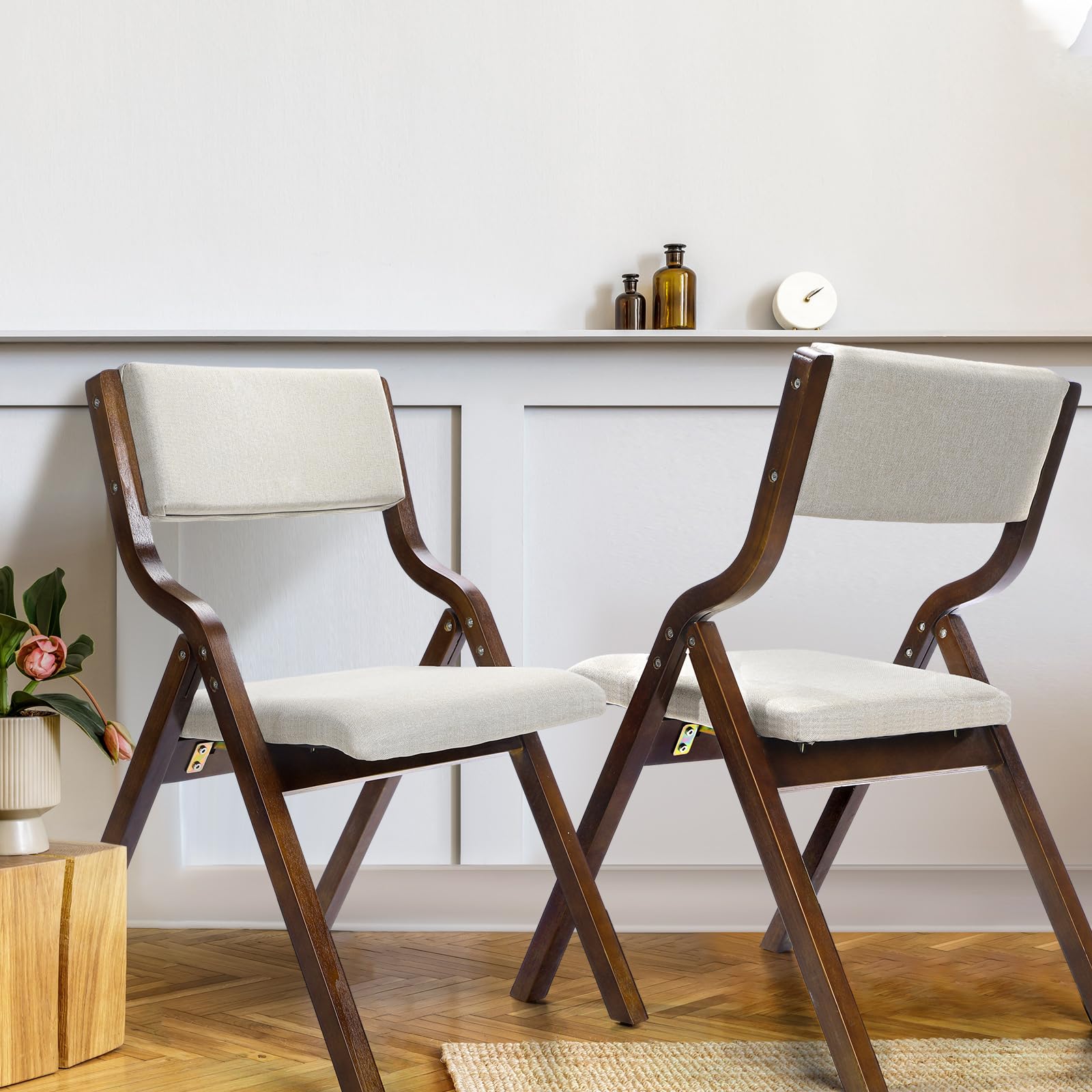 Wooden Folding Chairs Set of 2 Folding Dining Chairs Foldable Chair with Padded Seats and Removable Covers Fold Chairs for Inside Outside Home Office Patio(Brown)