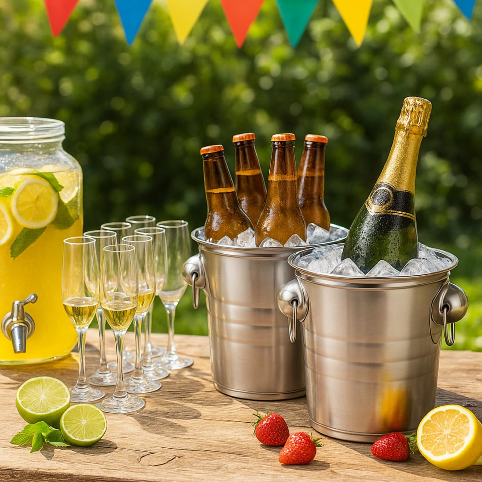 ZENFUN Lot de 2 seaux à Glace de 3 l avec poignées, Seau à Glace avec Couvercle, Seau à Boisson en métal galvanisé avec poignées, Refroidisseur de Boissons et de vin pour Bar, fête, Barbecue, idéal