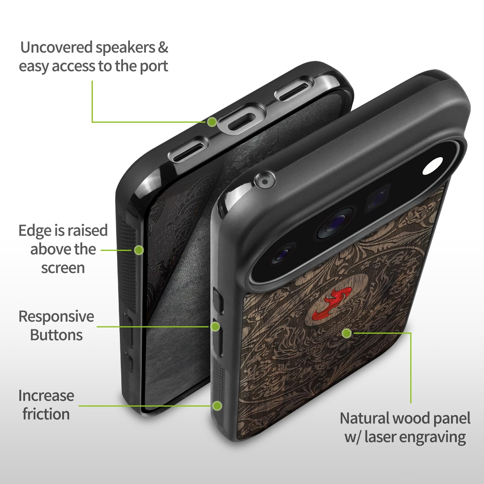 Carveit Madera Funda para Google Pixel 11 Pro (Nogal-Phoenix en simetría) | Compatible con MagSafe [Grabado en madera e incrustación de mejillones] Magnética Cover para Pixel 11 Pro Carcasa