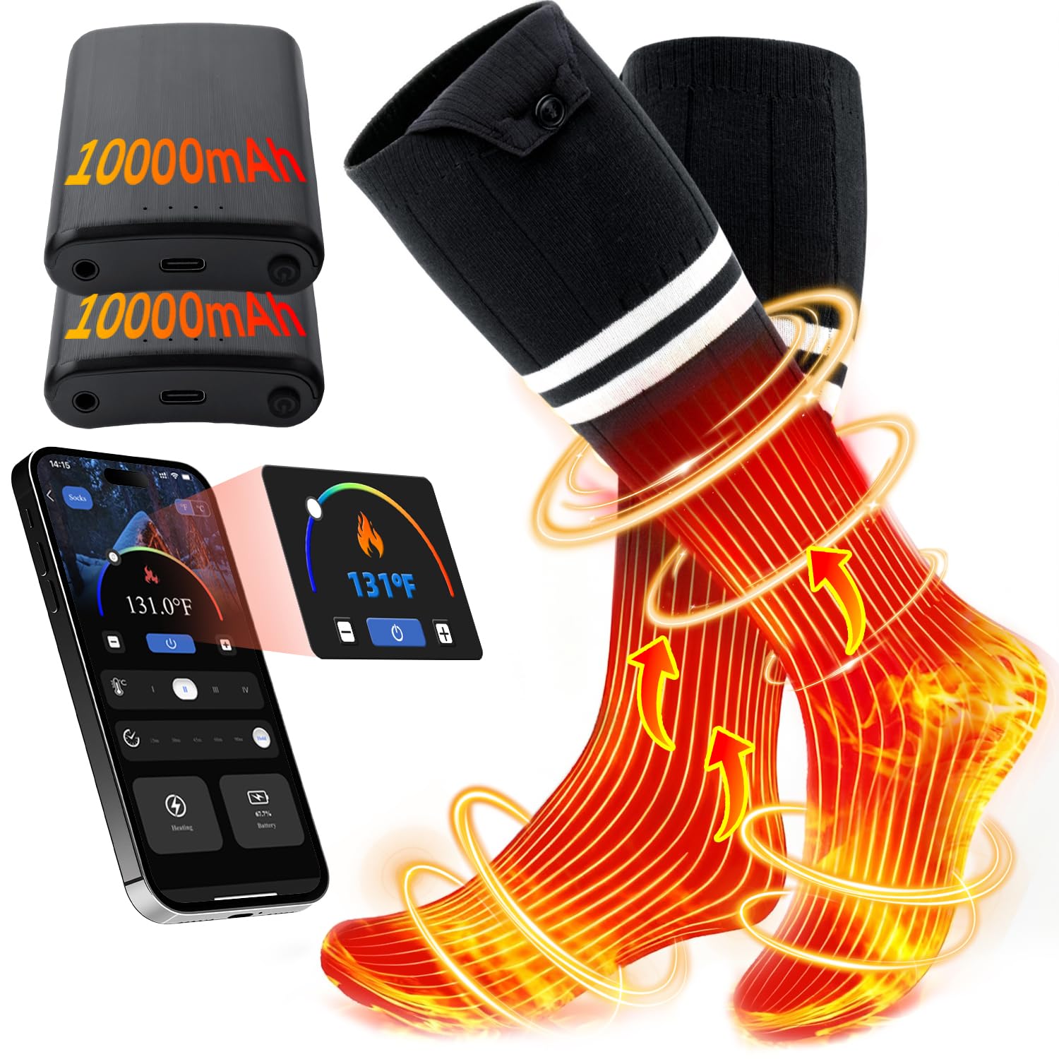 ALLJOY Chaussettes Chauffantes, Cadeau Noel pour Femme Homme, 2x10000mAh Chaussette Chauffante Rechargeables avec 4 Niveaux de Chauffage et 5 Minuterie pour Camping Hivernal, Ski, Pêche