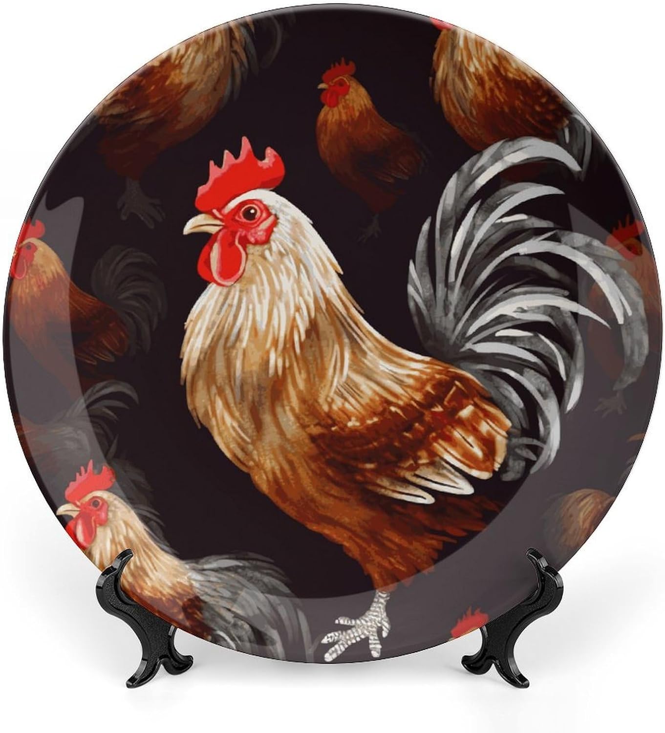 Shine Rooster Ceramic Decorative Plate for Office Decor, Chinese Style Decorative Dish with Stand, Dinner Dish Decorative Plates for Wall Hanging Bone Collections Plates 10inch