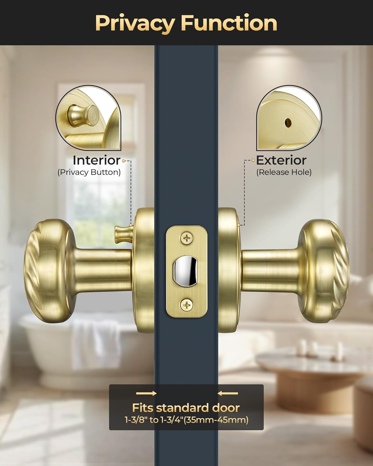 Gold Door Knobs Interior for Privacy Use, Heavy Duty Zinc Alloy, 1 Pack