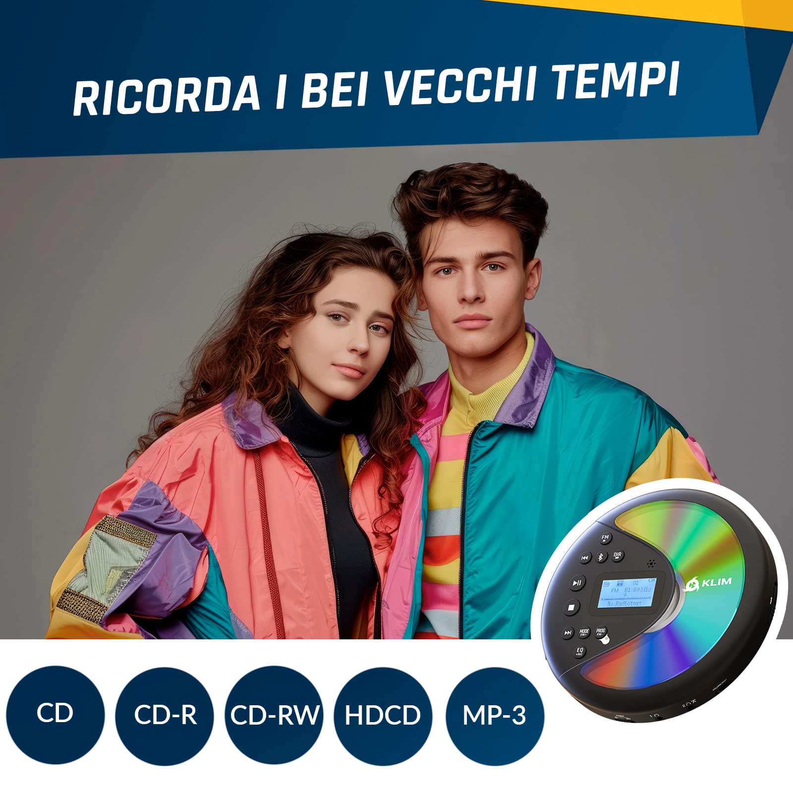 KLIM Discover con le Cuffie + Lettore CD HiFi portatile + NUOVO + Radio FM + Compatibile con MP3 CD Audiolibri + Lettore CD per auto + Supporta Bluetooth per Auto, scheda SD, Trasmettitore FM