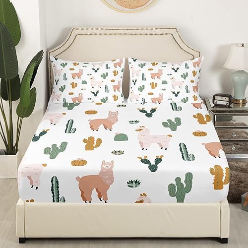 Miniatura 3 de Feelyou Juego de sábanas de alpaca con diseño de cactus, lindo juego de ropa de cama de llama para niños y niñas, funda de cama bohemia de