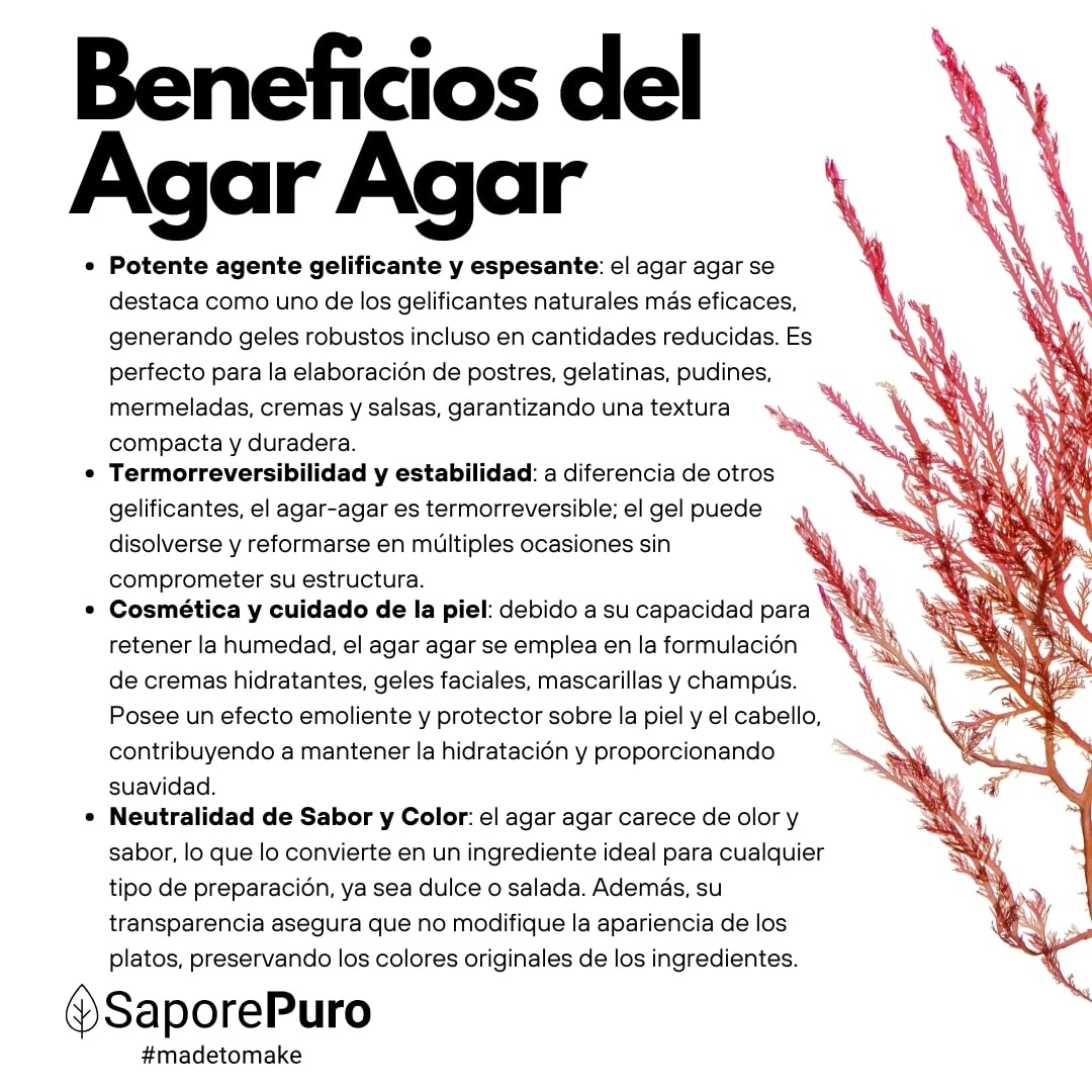 SaporePuro AGAR AGAR en polvo 1 kg – Gelificante natural SIN GLUTEN – Ideal para cocina molecular, espesante para postres, mermeladas, flanes y helados