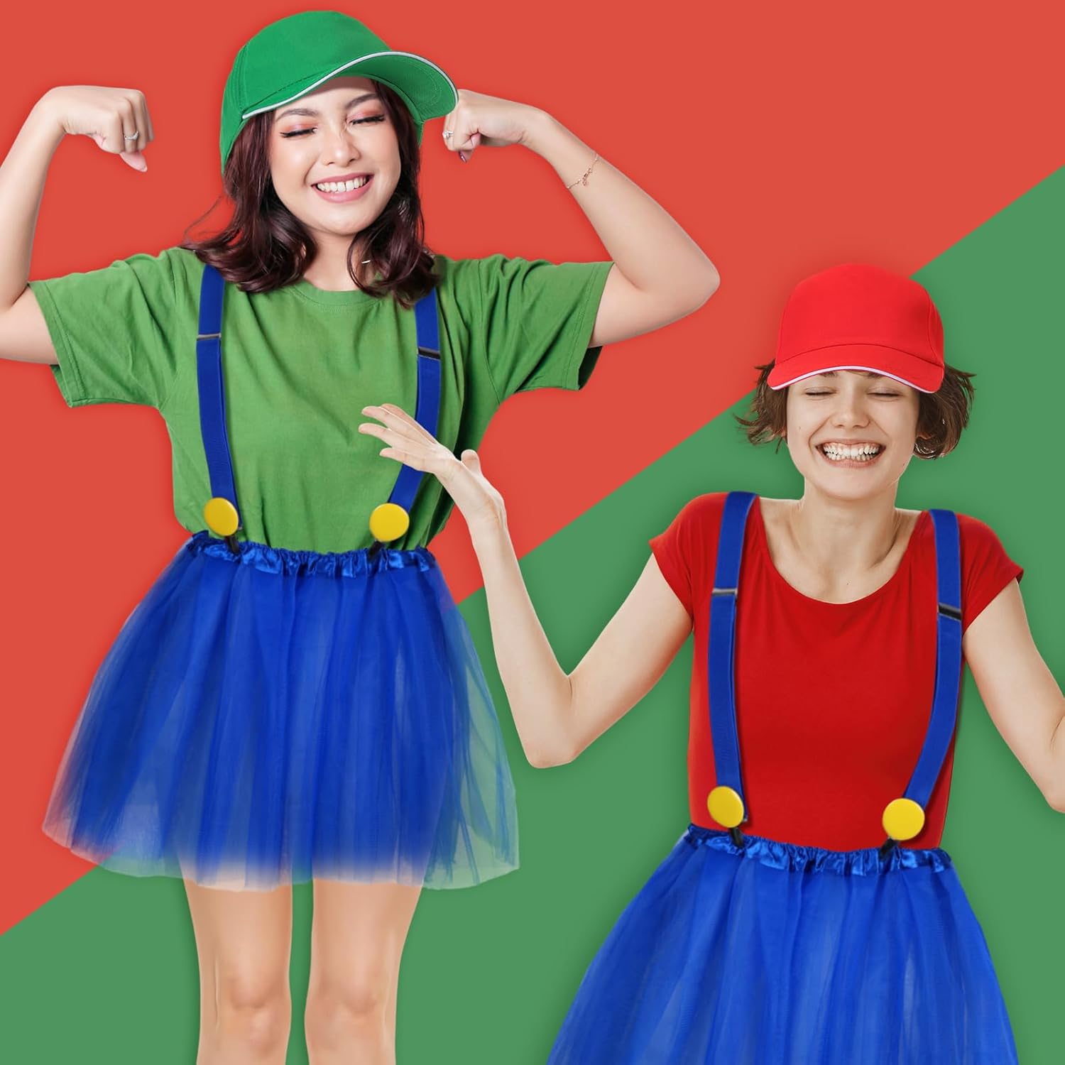 HooLing 2 Set Halloween Cosplay Costume for Women Twins Blue Tutu Skirt Suspenders Red & Green Stockings Baseball Cap Yellow Brooch for Adult Halloween Cosplay - Image 4