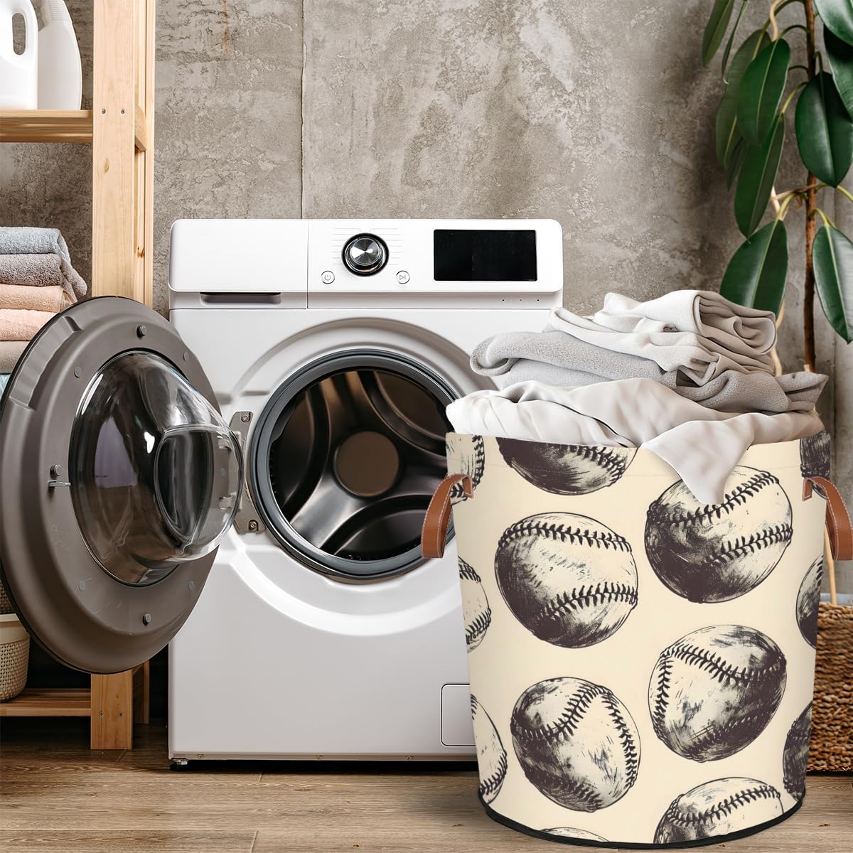 Vintage BaseBall Laundry Basket Collapsible Laundry Hamper with Handles Ball Sport Clothes Storage Bin for Bathroom, Bedroom, Living Room