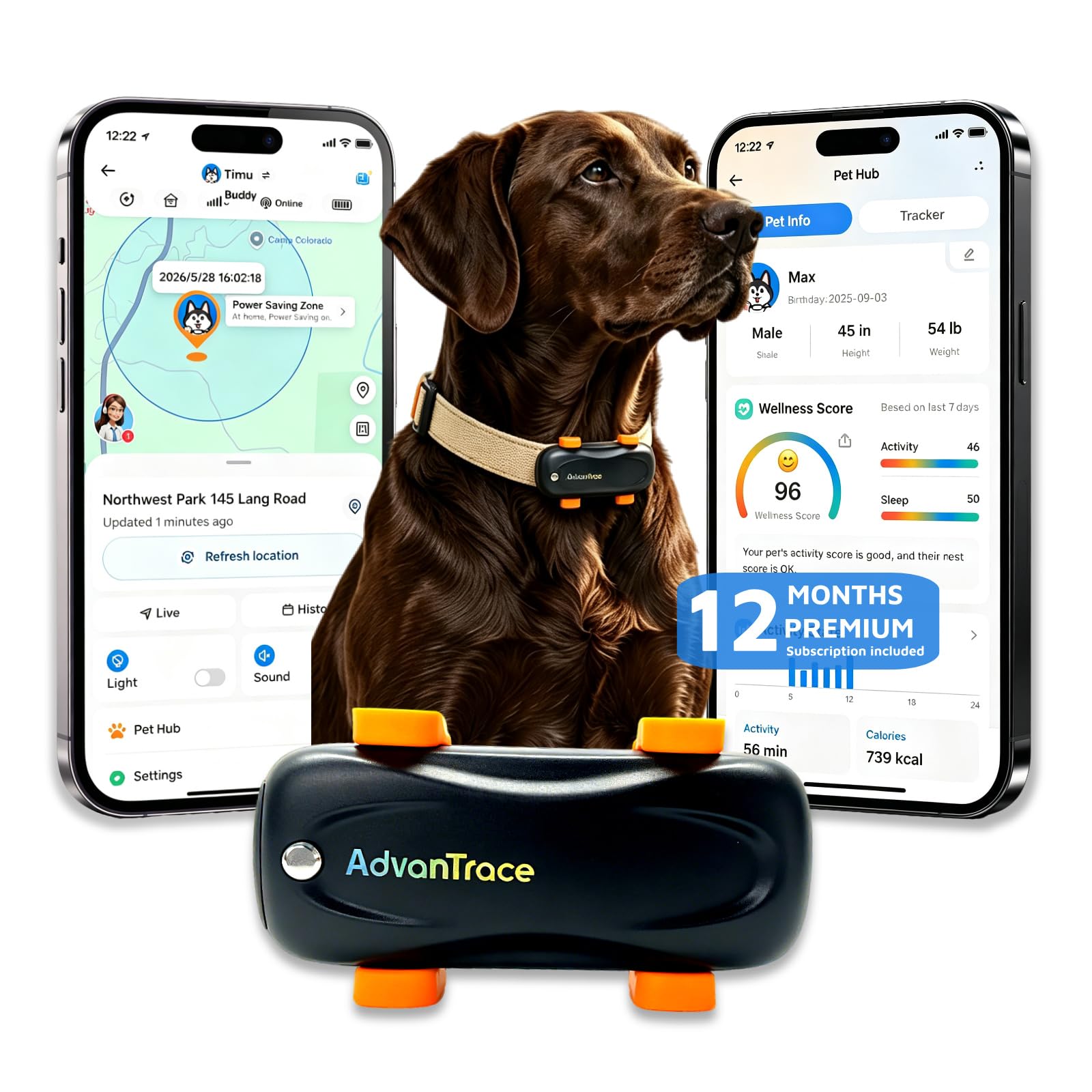 Dog GPS Tracker, Virtual Fence &amp; AI Health Monitor, Waterproof (with 12 M Sub)