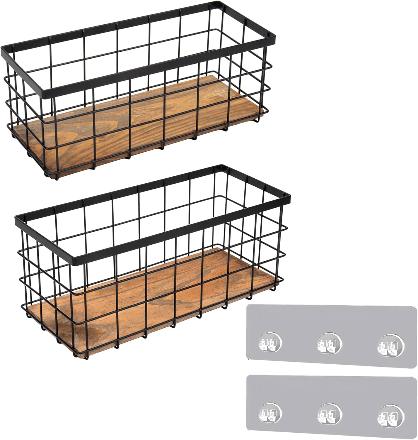 TIEYIPIN Black Metal Wire Storage Baskets with Wood Bottoms, Bathroom Storage Organizer Basket Bins, Set of 2 – Includes 2 Bonus Adhesive Hooks for Easy Wall Mounting