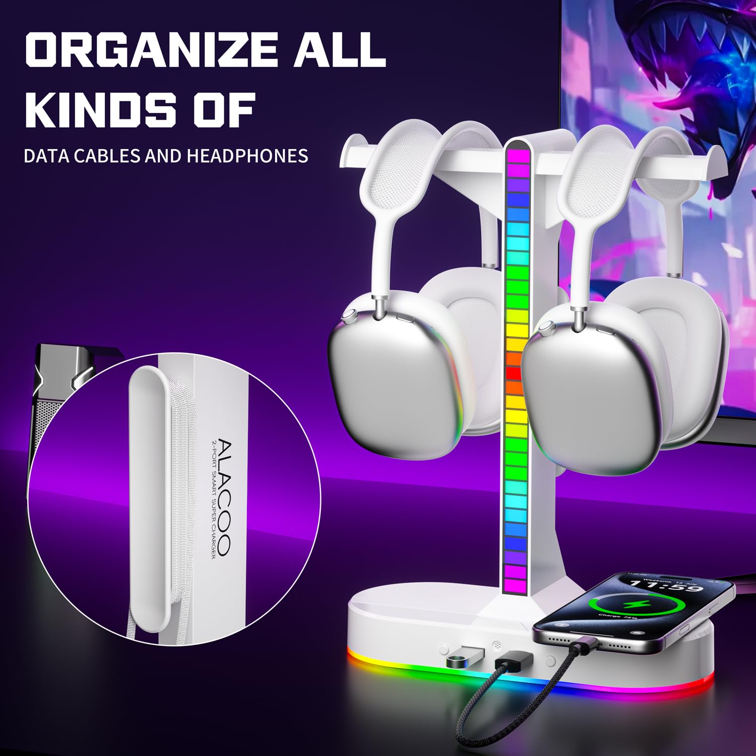 ALACOO Cool RGB - Soporte para auriculares con estación de carga, elegante soporte doble para auriculares, 3 puertos USB y audio de 3.5 mm, 8 modos de luz, el mejor regalo de juego para hombres