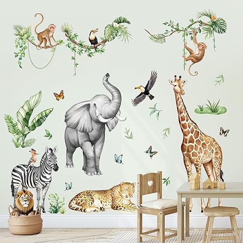 Miniatura 3 de Calcomanías de pared de animales de safari de selva para habitación de los niños, calcomanías de pared de vida silvestre, jirafa, elefante,