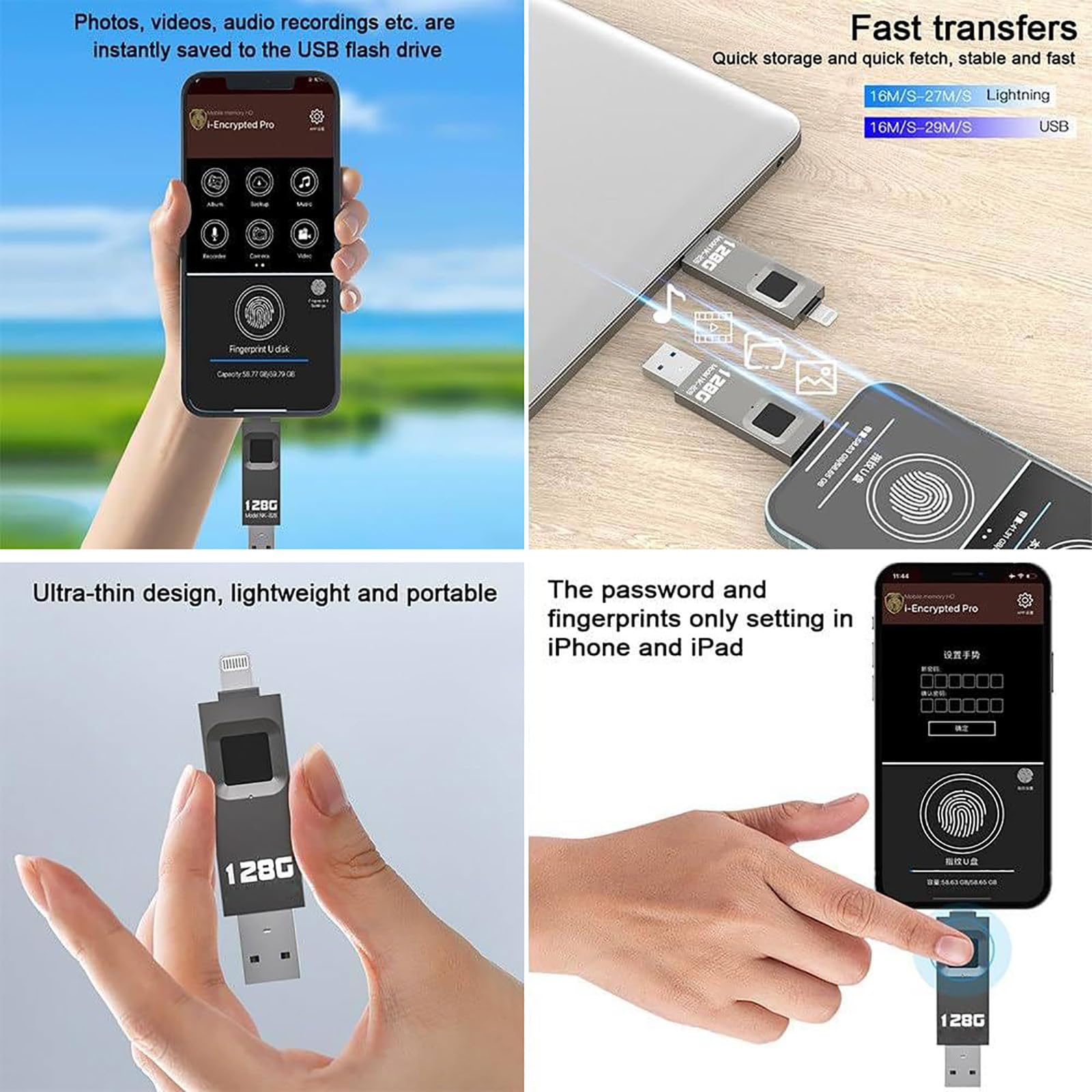 Memoria Usb Cifrada Con Huella Dactilar, Velocidad De Transferencia De 10 A 29 M/S, Admite 60 Huellas Dactilares, Puerto Ligh-tning + Usb, Para Tabletas, Ordenadores Y TeléFonos MóViles. 128GB