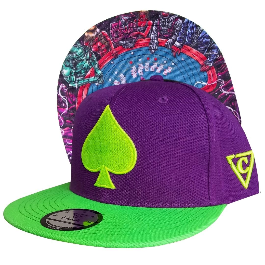 Capiche Unisex Black Jack Sb [99+ Variations] Poker Hat, Black Jack, Purple And Green Suits Snapback Baseball Cap With Lime Brim, Gambler Casino, Headwear, Headgear, Spades