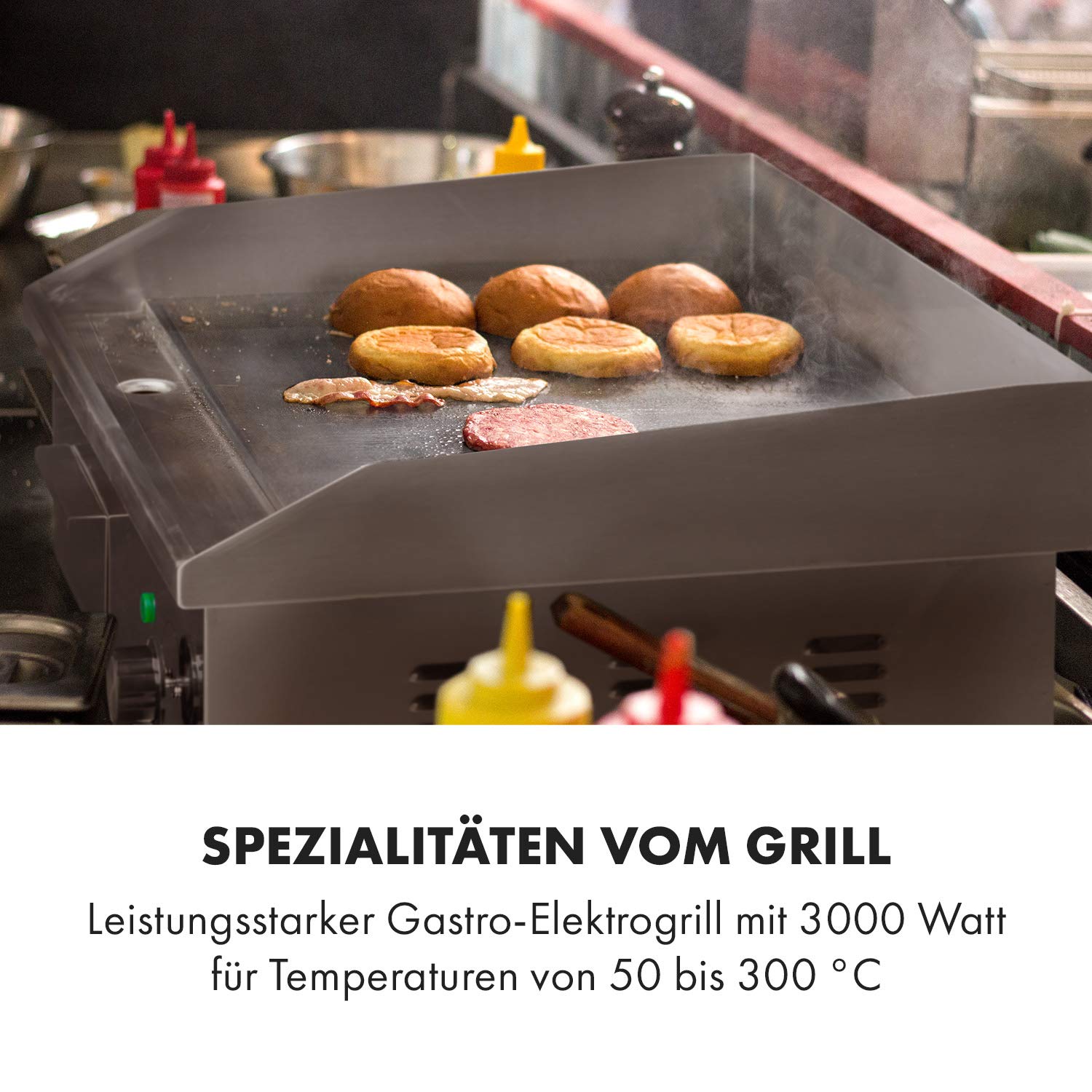 Klarstein Elektrogrill, Grillplatte, Elektrische Grillplatte, Tischgrill, Elektrogrill aus Edelstahl, Spritzschutz & Auffangbehälter, Glatte XL Grillfläche: 54,5x35 cm, Stufenlos 50-300 °C, 3000 Watt