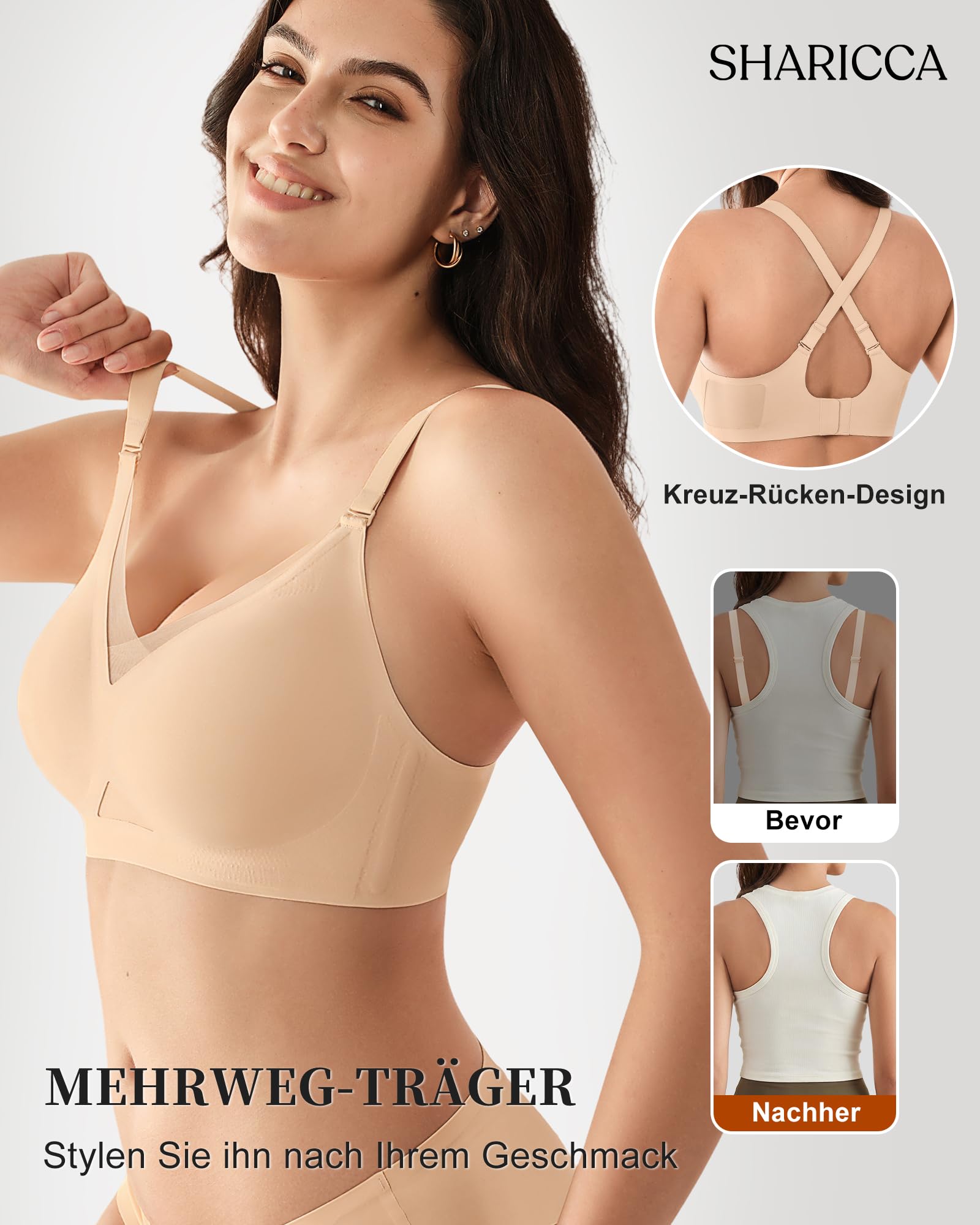 SHARICCA Damen BH ohne Bügel Push-Up Spitzen-BH Nahtloser T-Shirt BH mit Vollbügel Weicher Wireless Bralette Atmungsaktiv für Alltag Schlaf