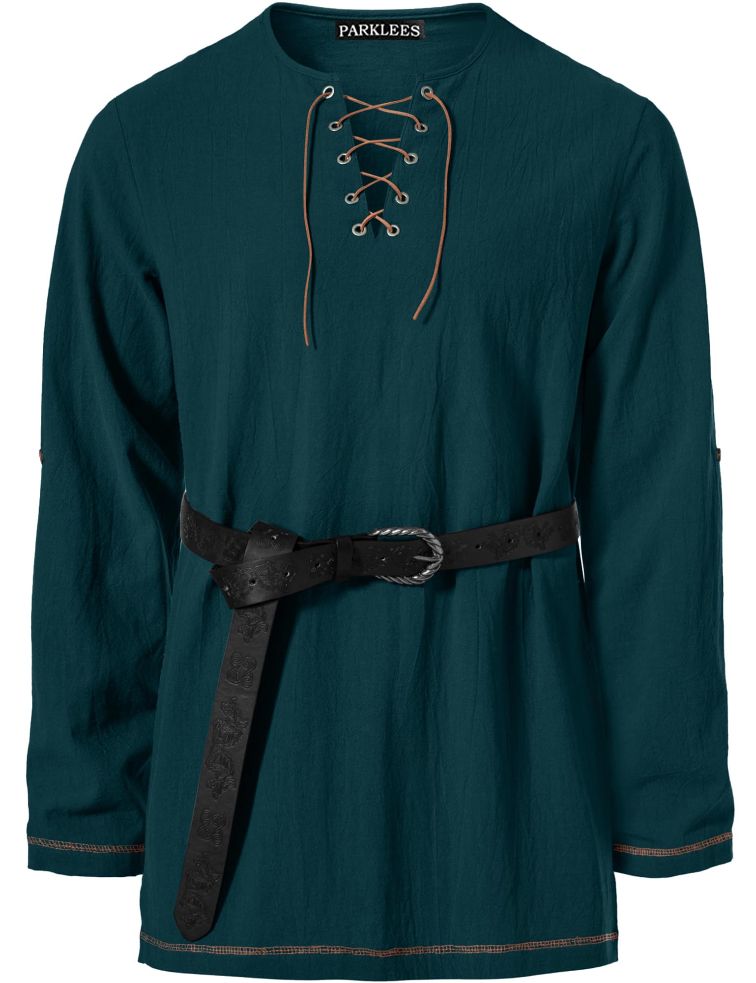 PARKLEES Men's Medieval Viking Pirate Costume Vintage Renaissance Halloween Shirts Dark Green X-Large, XL - Image 3