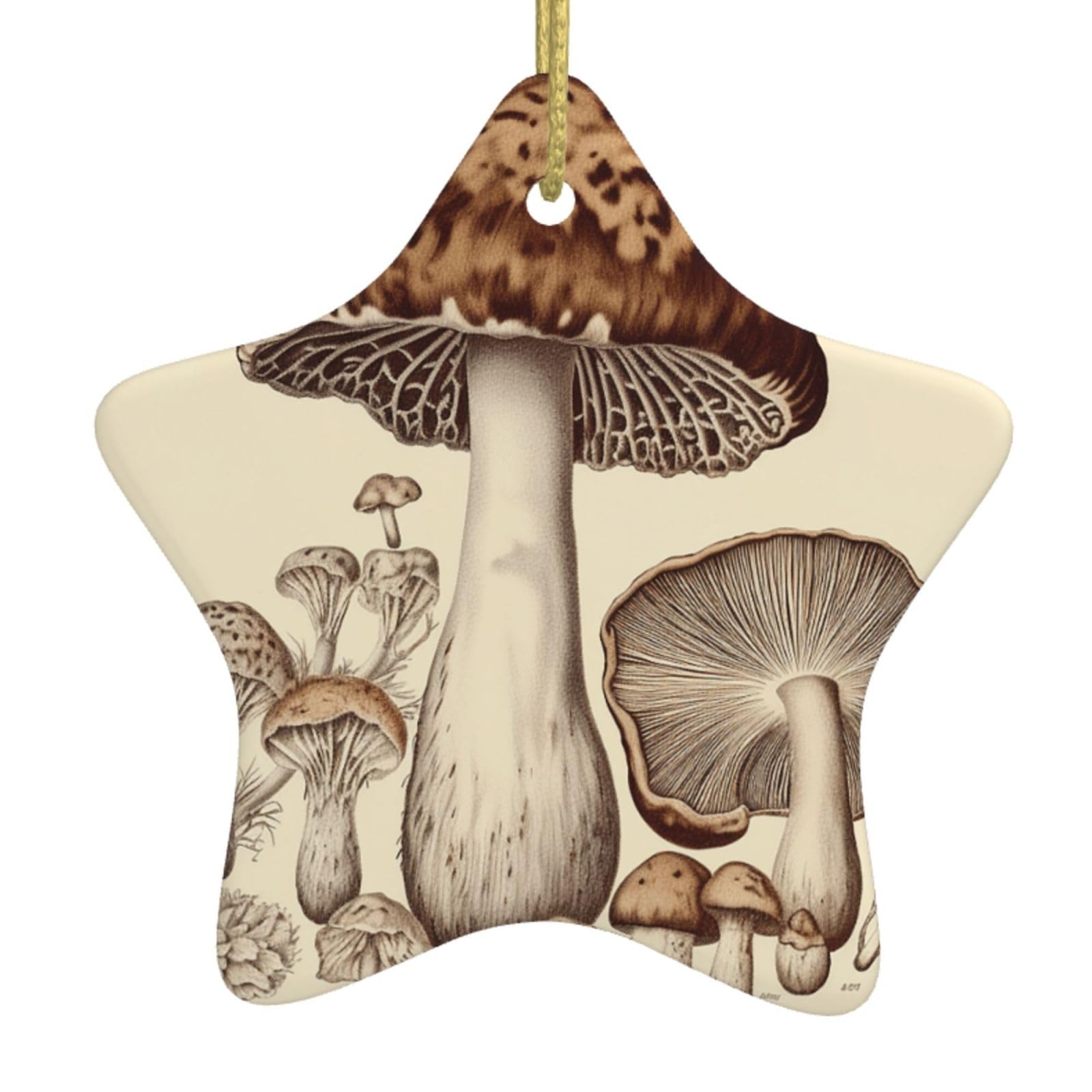 Ceramic Christmas Tree Hanging Ornaments with Gold Ropes Christmas Tree Decorations Star Ceramic Vintage Mushrooms Drawing Pendant Keepsake Decorations for Holiday Xmas Gift Ideas