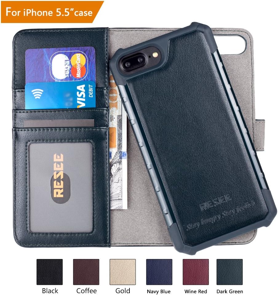 RESEE iPhone 7/8 Plus Wallet Case, iPhone 6s/6 Plus Case, [Detachable 2 in 1 Cover] PU leather Magnetic Flip Cover With Card Holder RFID Blocking Shock Absorption For iPhone 5.5 Inch - Dark Green