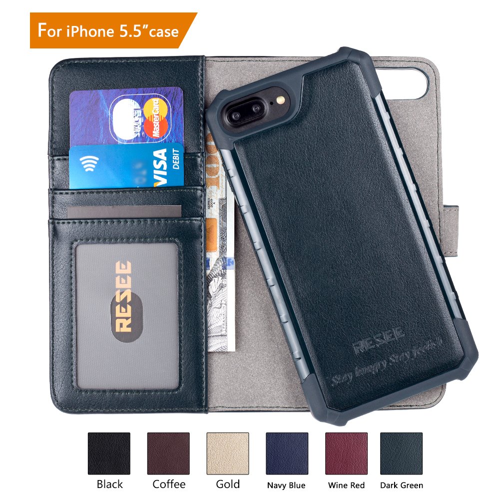 RESEE iPhone 7/8 Plus Wallet Case, iPhone 6s/6 Plus Case, [Detachable 2 in 1 Cover] PU leather Magnetic Flip Cover With Card Holder RFID Blocking Shock Absorption For iPhone 5.5 Inch - Dark Green