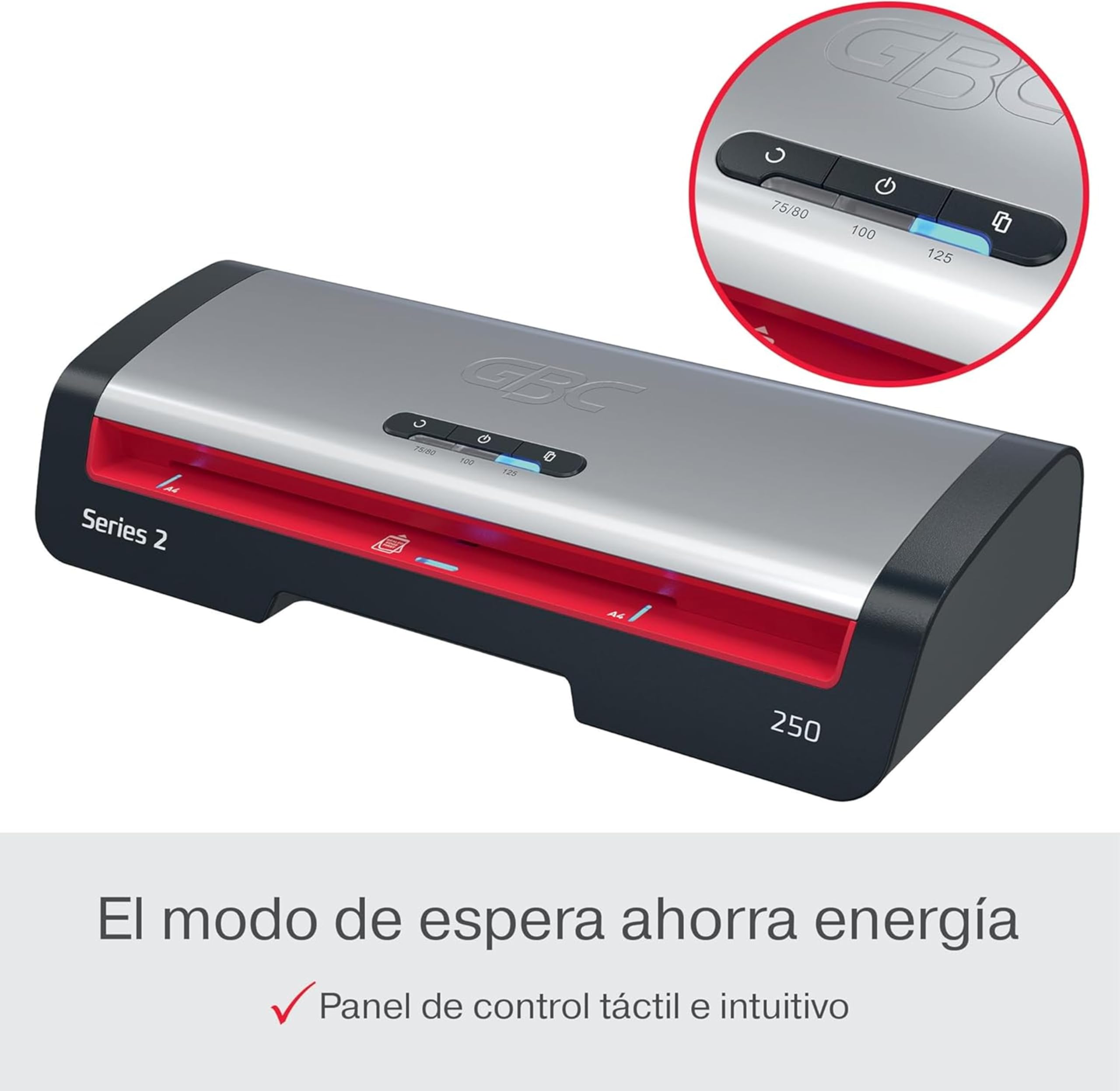GBC 4410070EU - Plastificadora 250 Office A4, Calentamiento Rápido 1 Minuto, 75-125 Micras, LED de Guía de Entrada, Antiatascos, Apagado Automático, Incluye 5 Fundas de Plastificación A4, Negro/Rojo