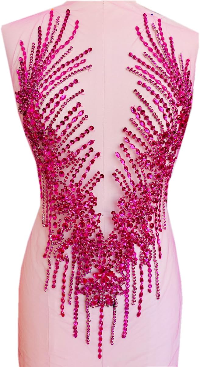 Pure Handmade Rhinestones Applique Sew on Beads Trim Patches for Wedding Dress 23x13 Inches (Pink)
