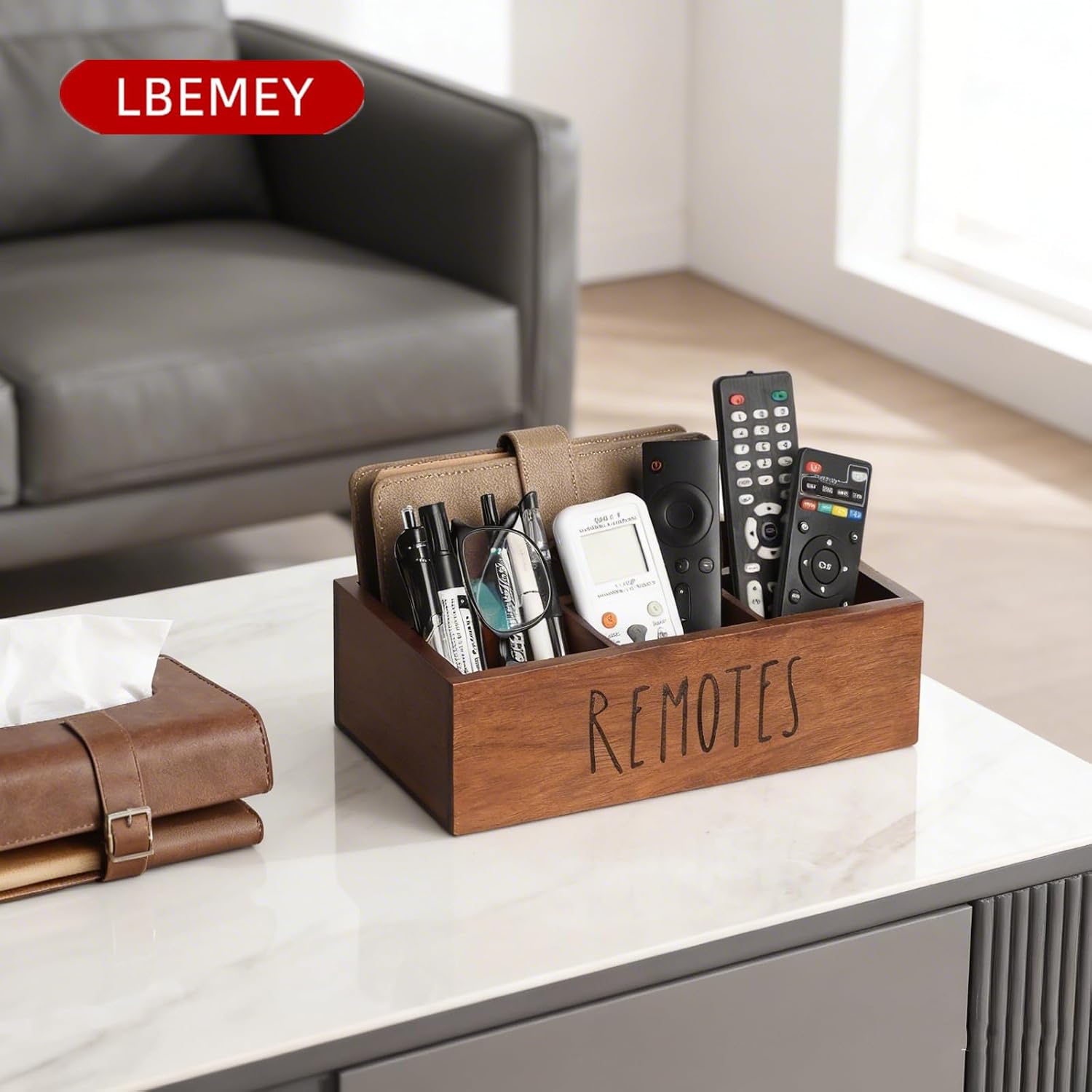 LBEMEY Acacia Wood Remote Control Holder, TV Remote Holder, Remote Organizer for Table,Home,Living room, bedroom for Wooden Remote Box (Brown, XL,for 6+ Remote Controls)