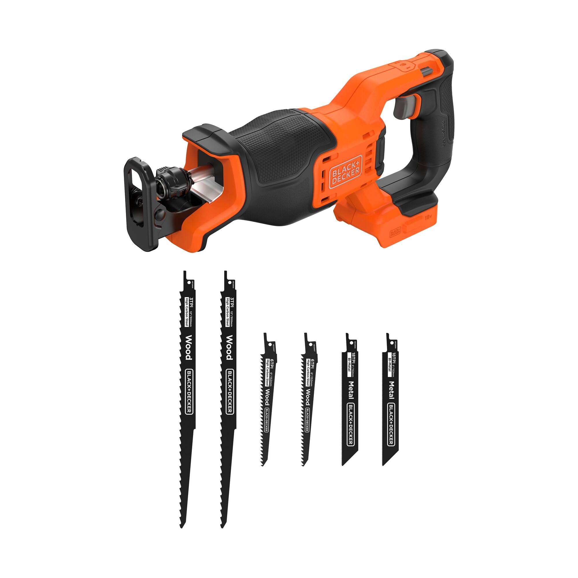 BLACK+DECKER Scie sabre sans fil Brushless avec éclairage LED et 6 lames incluses, outil seul sans batterie, BLCR78NAZ-XJ