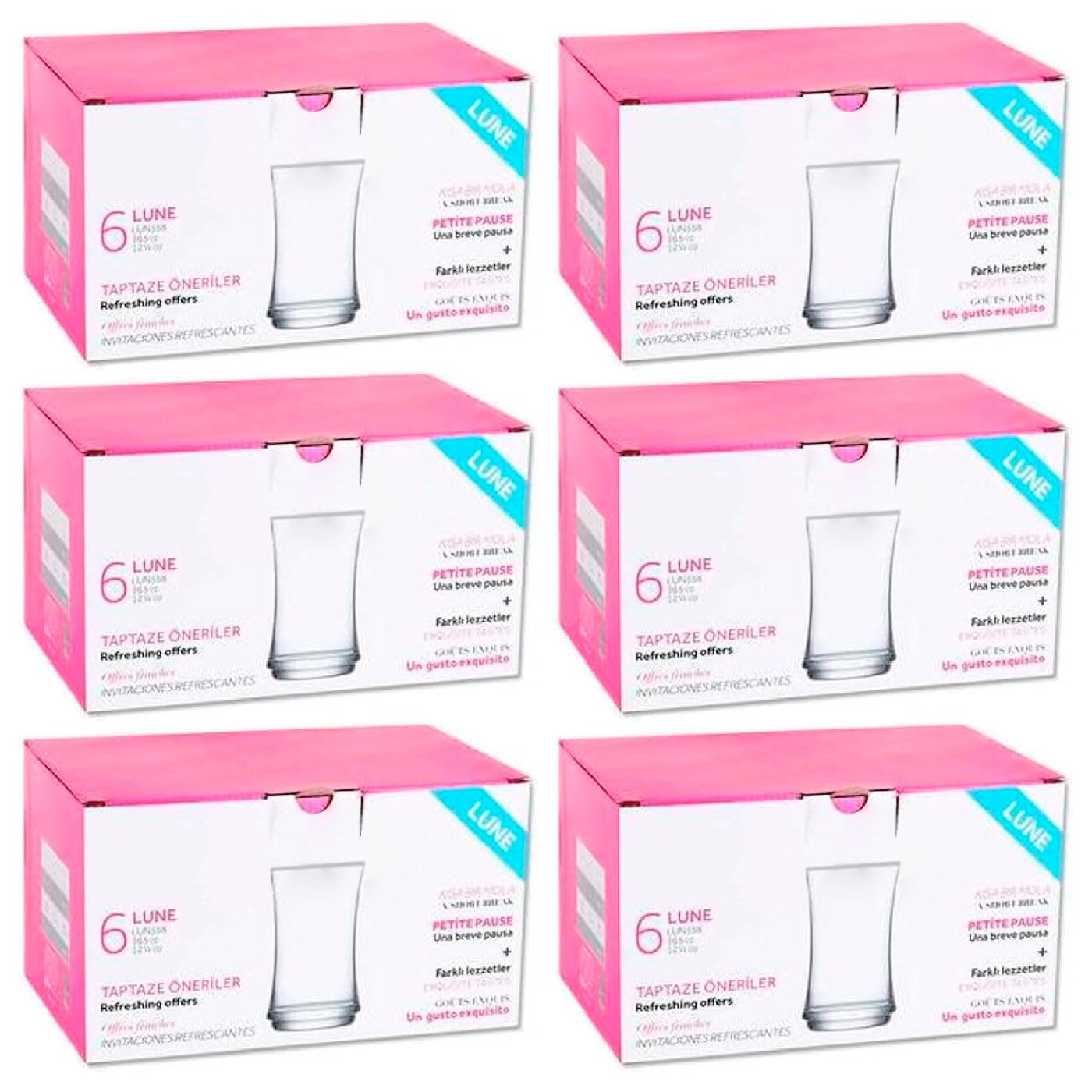 Acan Tradineur - Pack de 6 Cajas de 6 Vasos Modelo Lune - Capacidad: 365 ml - Fabricado en Vidrio Resistente - Apto para lavavajillas - Tamaño aprox: Ø 7,5 x 13 cm - 36 Uds Totales