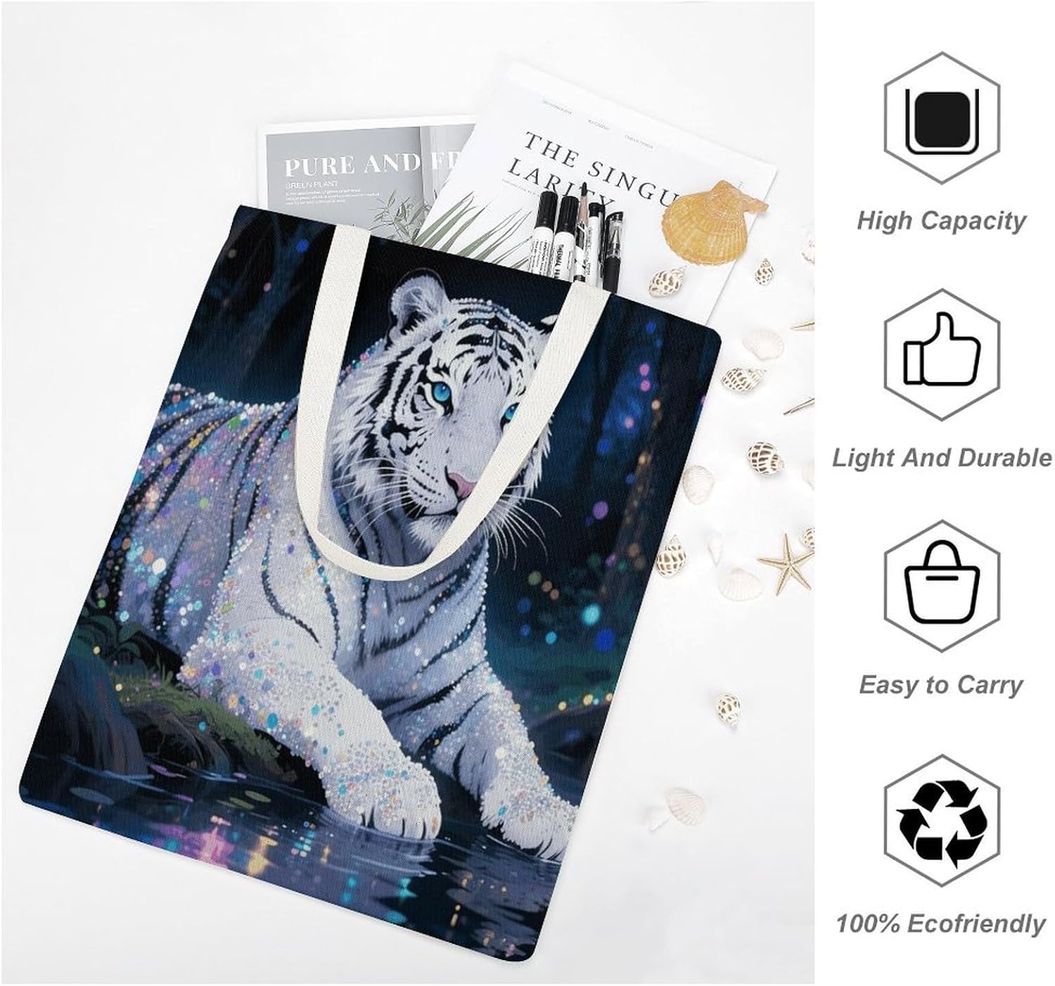White Tiger Canvas Tote Bag Reusable Grocery Bags Foldable Soft Cotton Shoulder Carry Bag