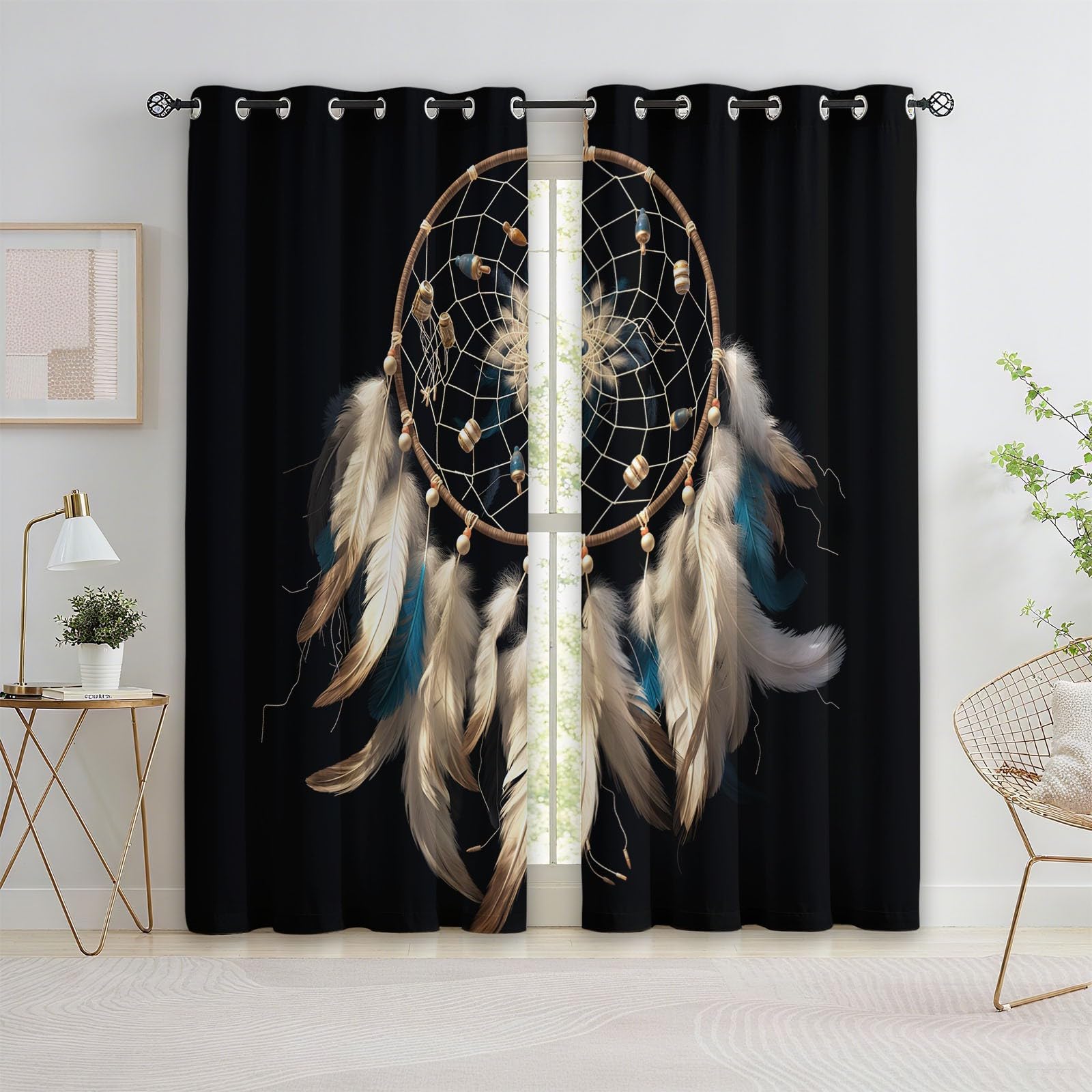 Vorhänge Traumfänger Federn, Dekorative Ösen, Blickdicht Thermo Verdunkelungsvorhang Schwarz Mädchenzimmer Schlafzimmer Wohnzimmer, 2 Paneele 214 x 91.5 cm