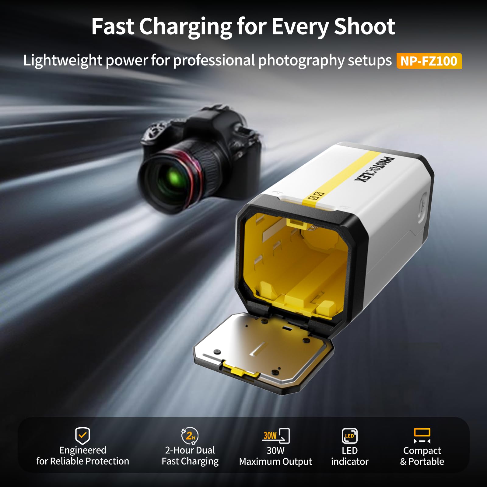 PHOTOOLEX NP-FZ100 Akku ladegerät für Sony, BB 2 Dual-Slot Kameraladegerät mit 30W USB-C-Schnellladeanschluss, kompatibel mit Sony A7V, A7III, A7IV, A7R V, A7R IV, A6700, A7R3, ZV-E1, FX3, ZV-E10II