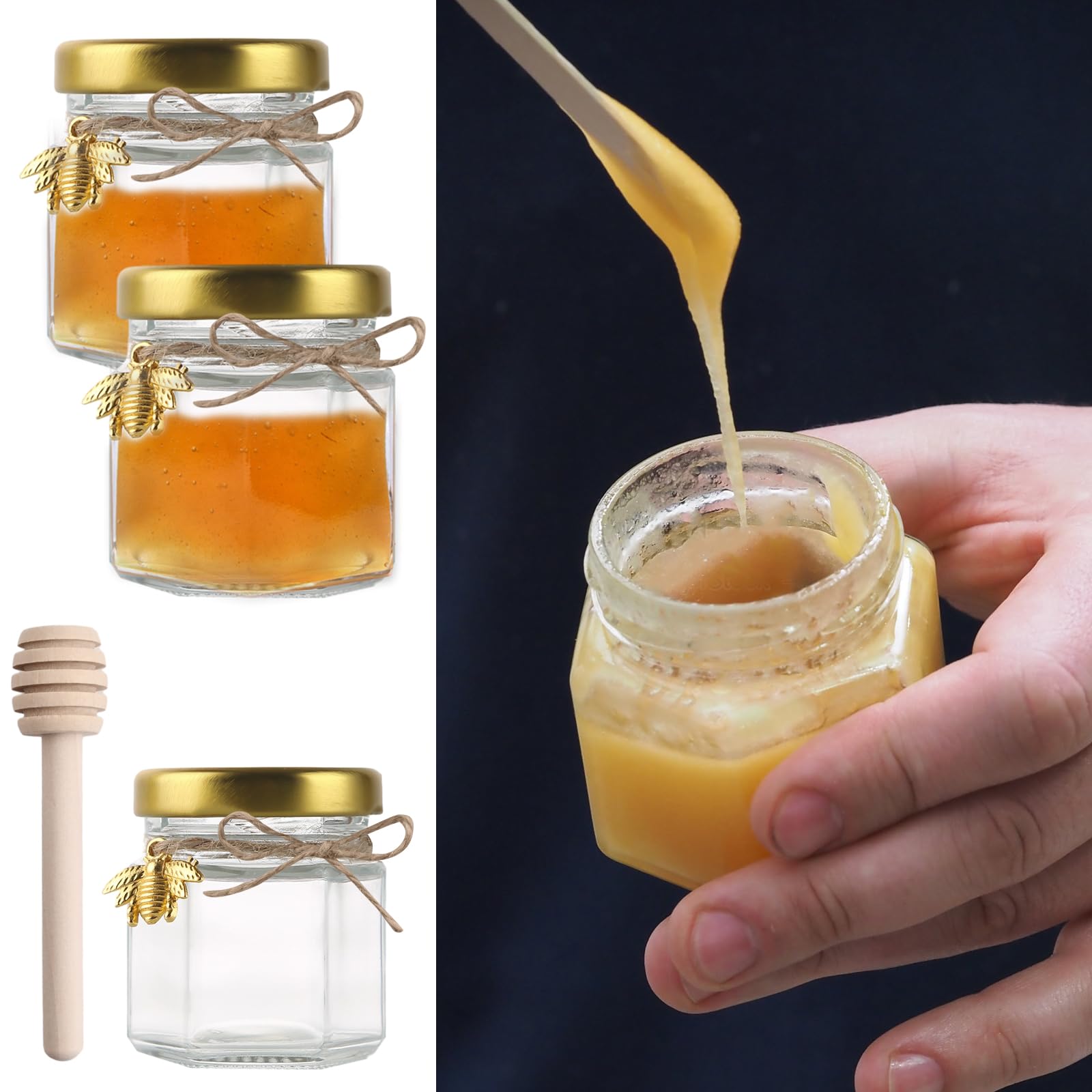 20 Honiggläser Mit Holzlöffel - Hexagon Design Für Hochzeiten & Geschenke