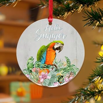 3" Acrylic Christmas Ornaments 2025 Parrot Hello Summer Personalized Xmas Ornament Bauble Xmas Tree Decoration Tiki Bar Pool Hot Tub Luau Keepsake Transparent Disc Stocking Name Tag
