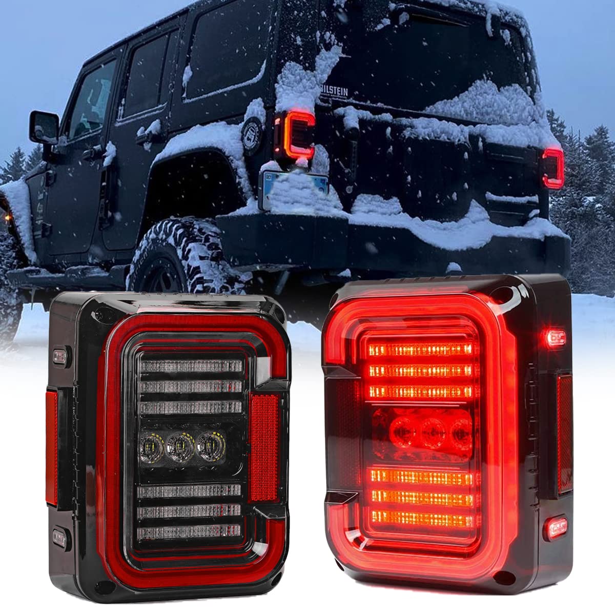 LED Tail Lights Compatible with Jeep Wrangler JK JKU 2007-2018, Unique"C" Shaped Design Clear Lens, 20W Reverse Lights, Built-in EMC, DOT Compliant, 2 PCS