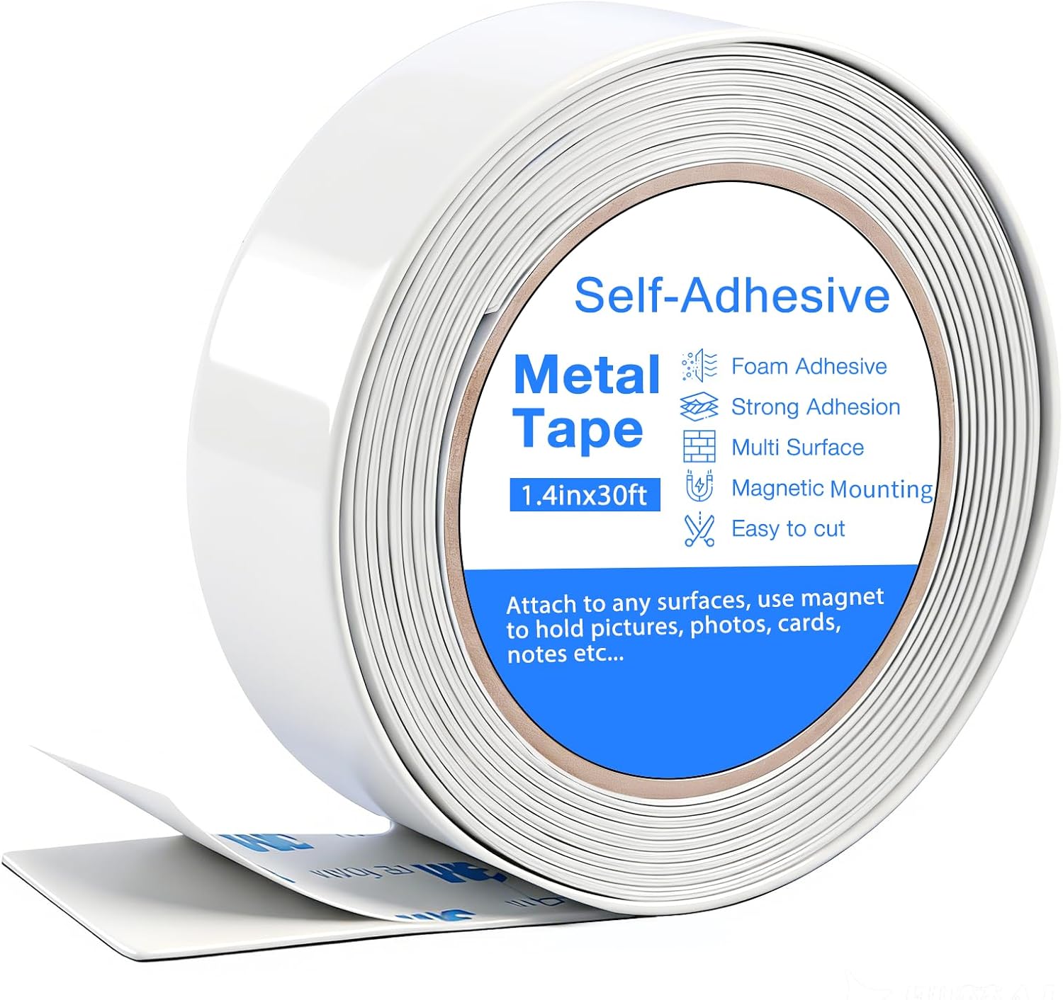 Bendable Adhesive Metal Tape for Magnets, (1.4'' Wide x 30 ft Long) Flexible Metal Strips for Magnets, White Ferrous Tape Stick on Wall to Hold Magnetic Products