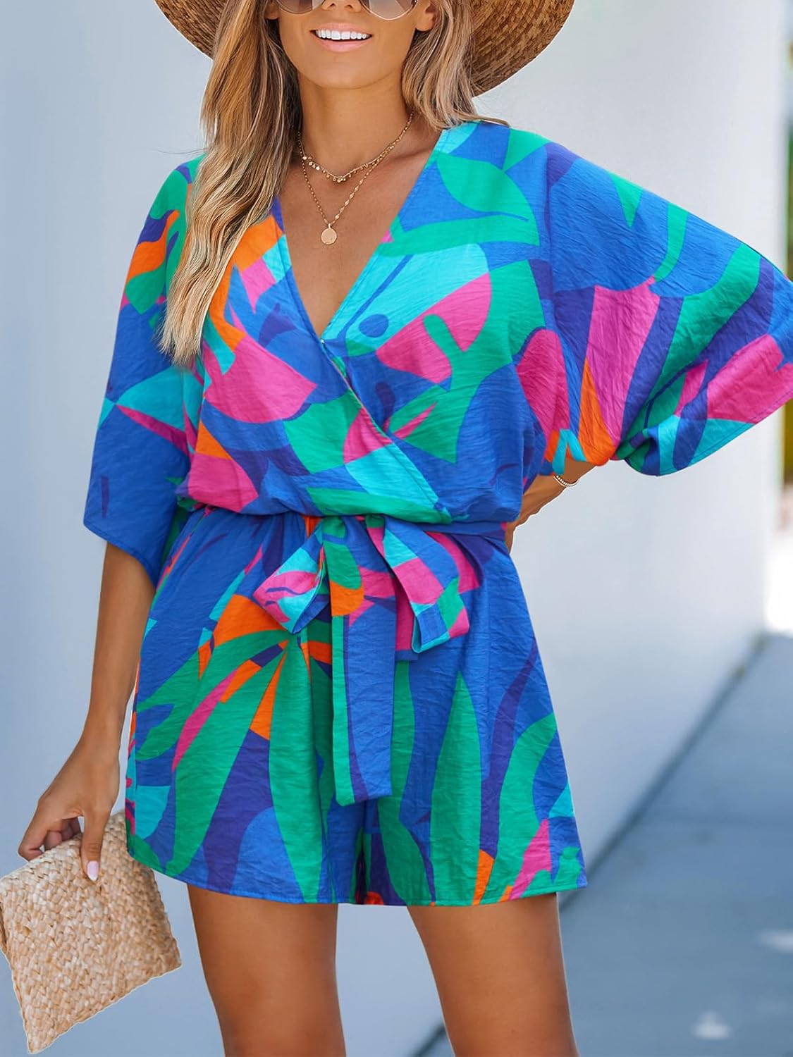 CUPSHE Women's Mini Romper Summer Beach Vacation Loose Fit Half Sleeve V Neck Resort Wear Tropical Holiday Short Jumpsuit - Image 5