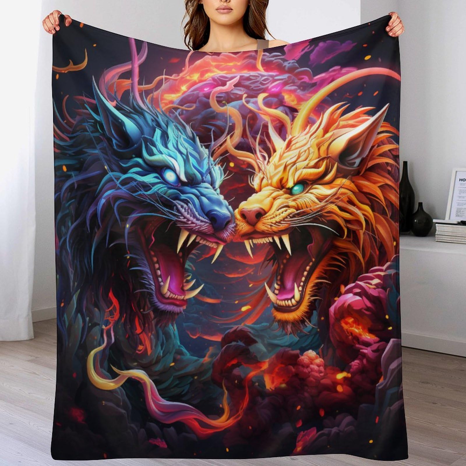 Couverture dragon polaire en peluche flannel douce et moelleuse pour lit et canape 100x130cm