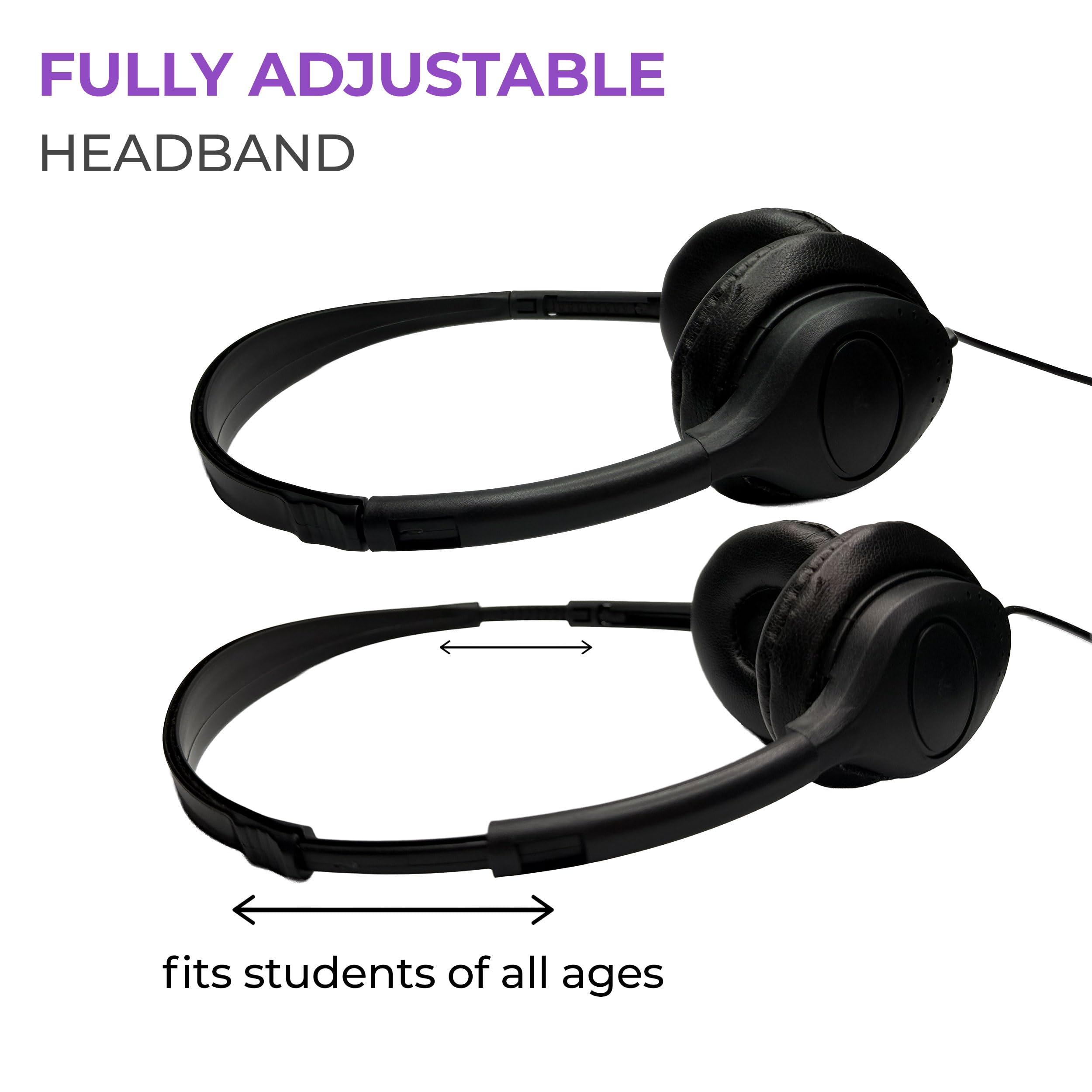 Soundnetic SN313 Bulk Classroom Headphones 100 Pack – Over The Head Stereo Headphones with Leatherette Earpads, Black – Ideal for Schools