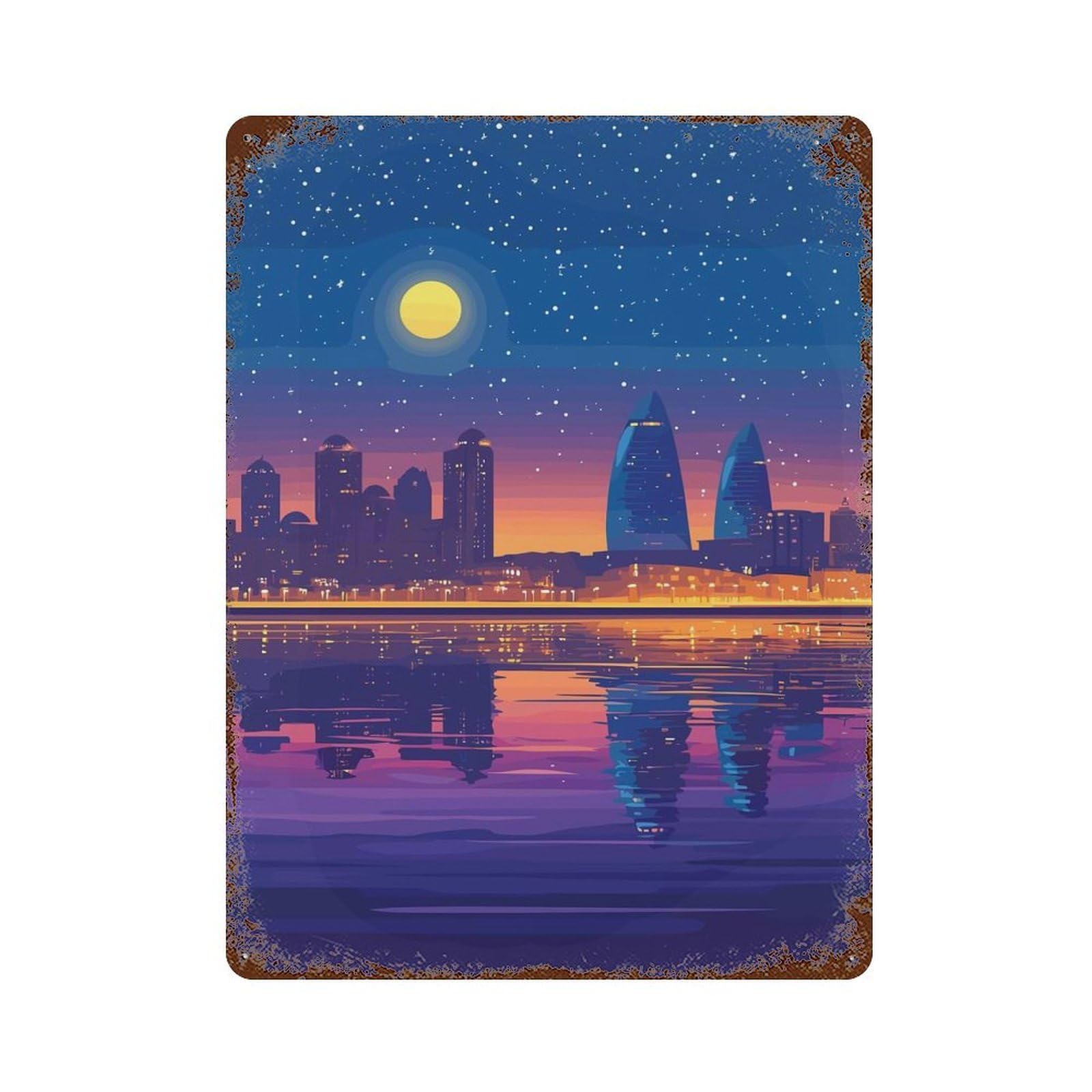 Garage Style Night Cityscape Reflection Distressed Metal Wall Sign 15.7"x11.8", Vintage Wall Decor for Bar And Workshop