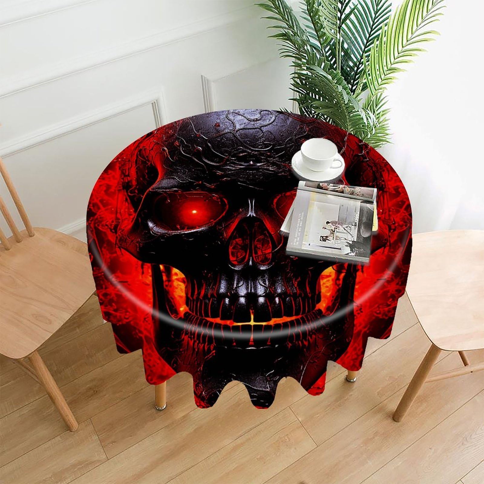 VstaDank Black and Red Skull Tablecloth Easy to Clean Polyester Round Table Cover Washable Round Table Cloth Wrinkle-Free Circle Decoration Tablecloth for Kitchen Dining Room 60"