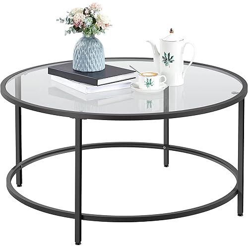 Yaheetech 36in Modern Coffee Table,Black Round Sofa Accent End Table w/Glass-Top & Protective Foot Pads,Metal Structure & Reinforced Frame for Living Room,Dining Room,Apartment,Small Space