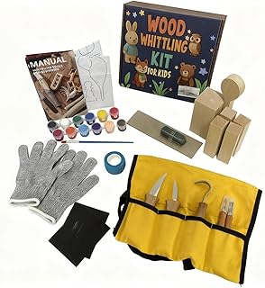 Wood Carving Whittling Kit for Kids: Wood Carving Tool Set with Round-Tip Safety Carving Knives, Cut-Resistant Gloves & Tape, Storege Bag - Hobby Gift for Teens Boys Beginners