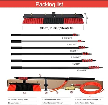 Outdoor Window Cleaning Pole, Water Fed Telescopic Brush, Window Cleaner Kit, Solar Panel Washing Equipment with 20M Water Pipe, Cleaning Conservatory Roof(50cm haed,30FT/9M)
