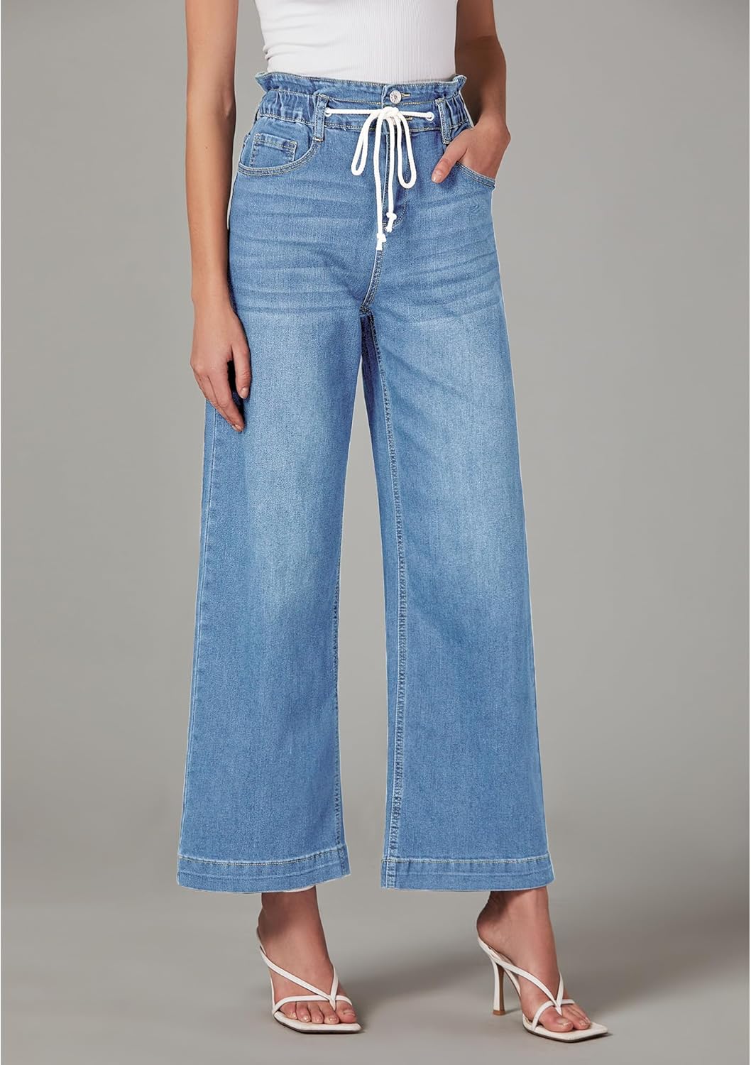 LookbookStore Womens Jeans Wide Leg High Waisted Trendy Elastic Wasit Drawstring Stretch Denim Pants Baggy Trouser Jeans - Image 4