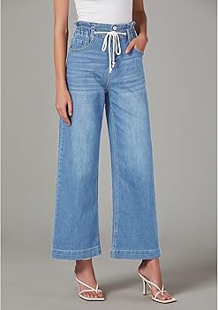 LookbookStore Womens Wide Leg Jeans High Waisted Trendy Elastic