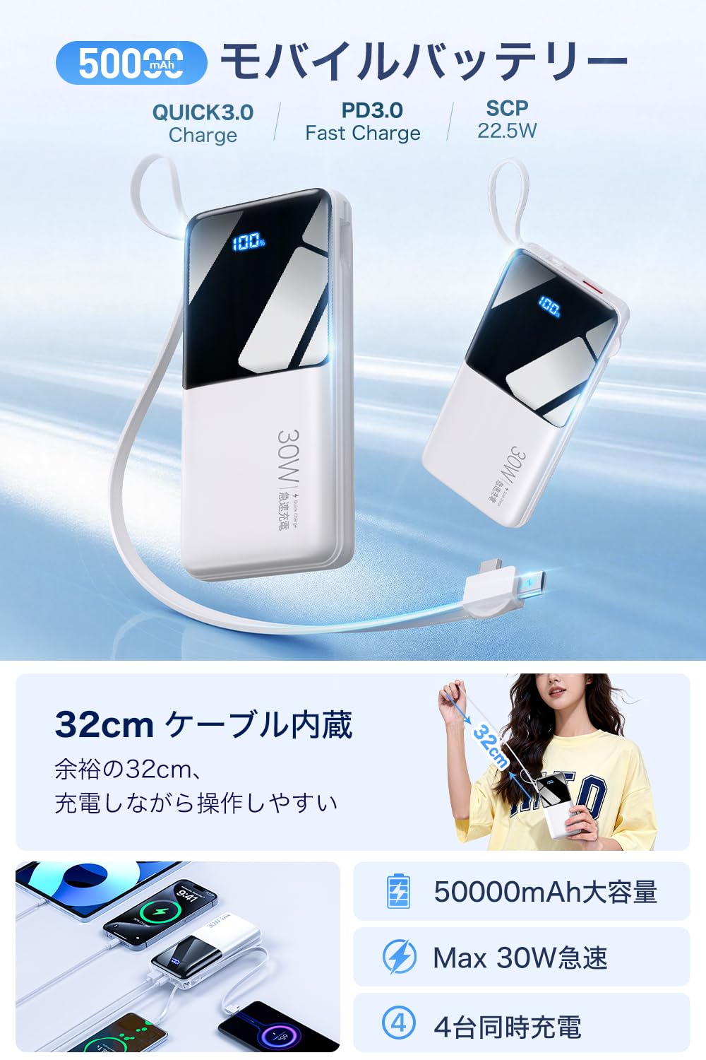 Amazon | モバイルバッテリー 大容量 50000mAh 【2026新モデル Max30W