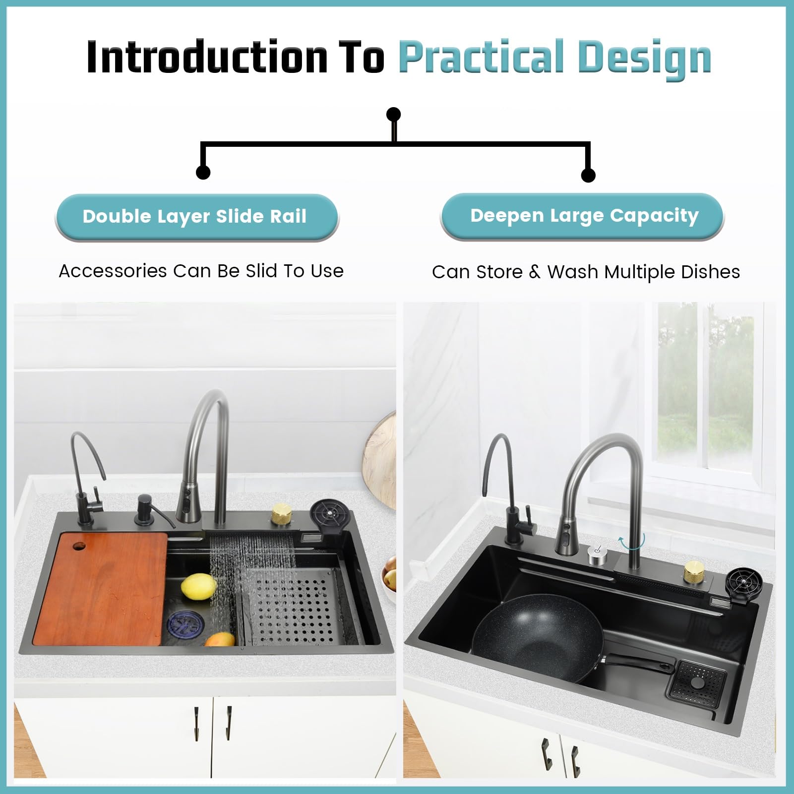 Lavello da Cucina a Cascata di Grandi Dimensioni con Rubinetto Estraibile, lavabicchieri, Accessori di Scarico, lavello da Lavoro in Acciaio Inox, Vasca Singola per Bar, Camper, in
