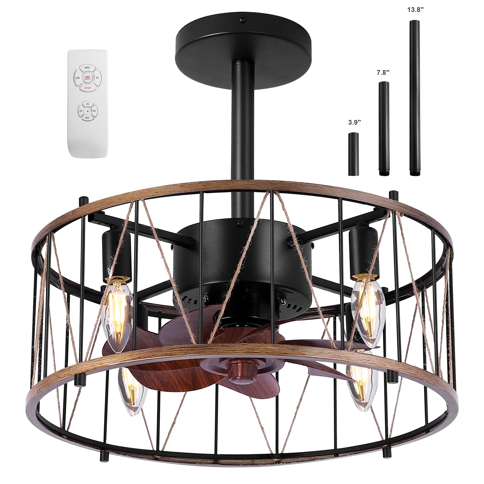 Boho Ceiling Fan with Lights and Reversible Blades, 18 Inch Small Country Style Fan, Rustic Ceiling Fans with Lights for Kitchen Room, Bedroom,3 Downrods,3 Speed, Timer and E12*5 Bulb Included